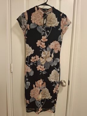 Fashion Nova Black Midi Dress with Blush & Cream Floral Print